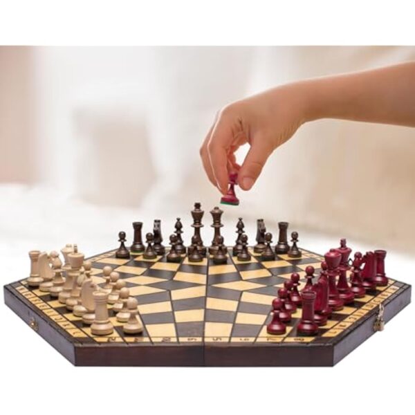 Husaria Wooden Three-Player Chess Game Set - 21 Inches - with Foldable Board, Handcrafted Playing Pieces, and Felt-Lined Storage - Image 5