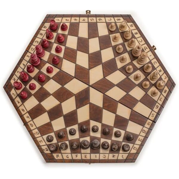 Husaria Wooden Three-Player Chess Game Set - 21 Inches - with Foldable Board, Handcrafted Playing Pieces, and Felt-Lined Storage - Image 3