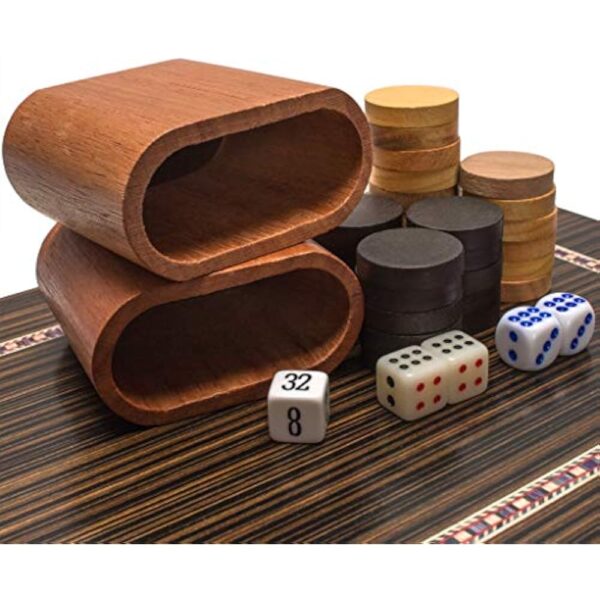 YMI Wooden Inlaid Backgammon Set, Dorne - with Wooden Playing Pieces and Accessories, 13-inch Board - Image 5