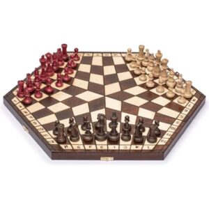Husaria Wooden Three-Player Chess Game Set - 21 Inches - with Foldable Board, Handcrafted Playing Pieces, and Felt-Lined Storage