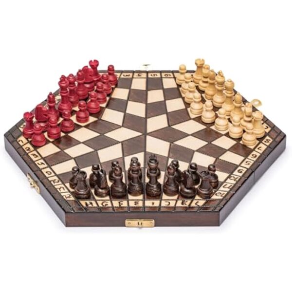 Husaria Wooden Three-Player Chess - 12 Inches - with Foldable Board, Handcrafted Playing Pieces, and Felt-Lined Storage